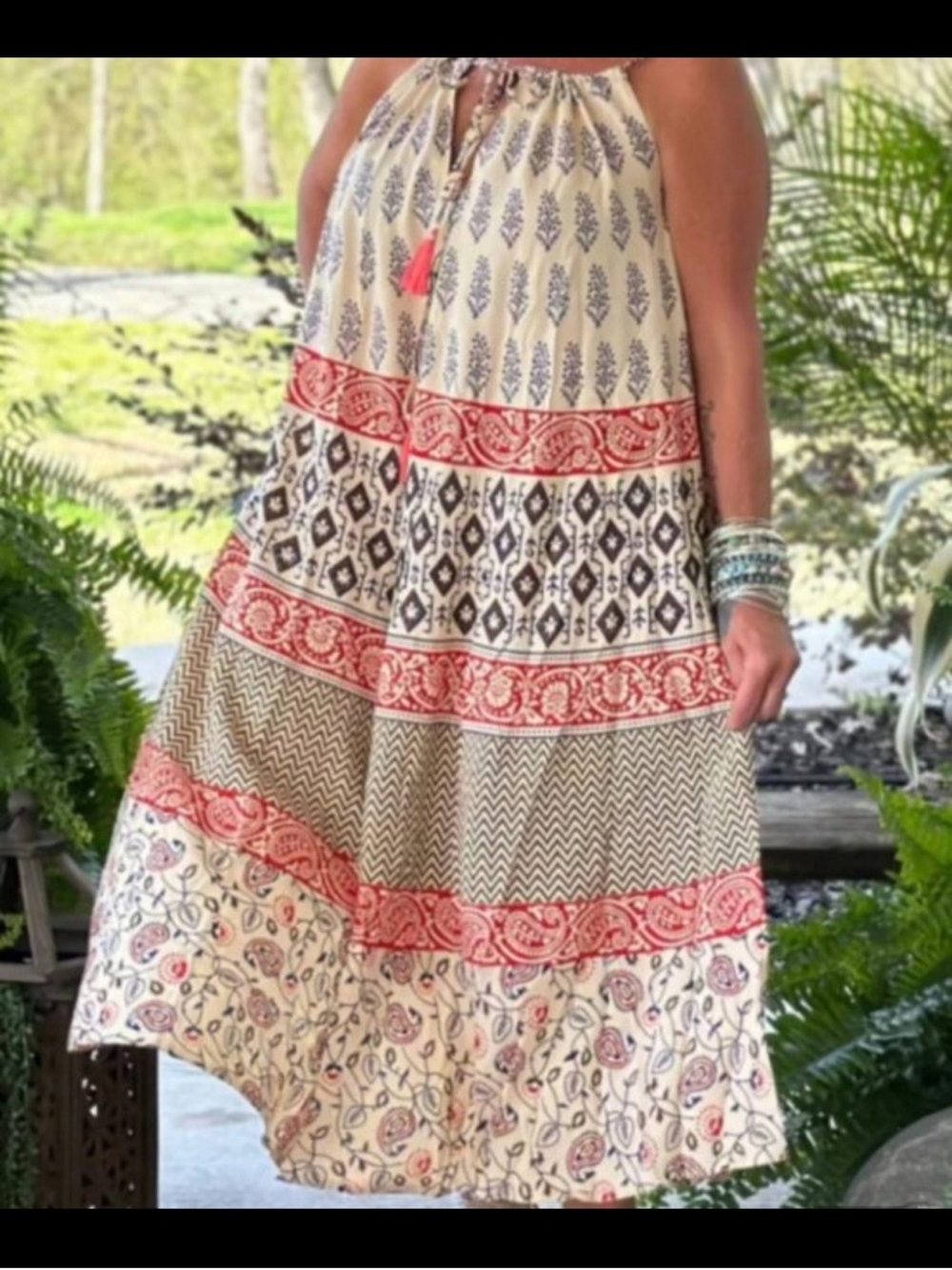 Jaded Gypsy Boho Tiered Maxi Skirt in Cream and Red